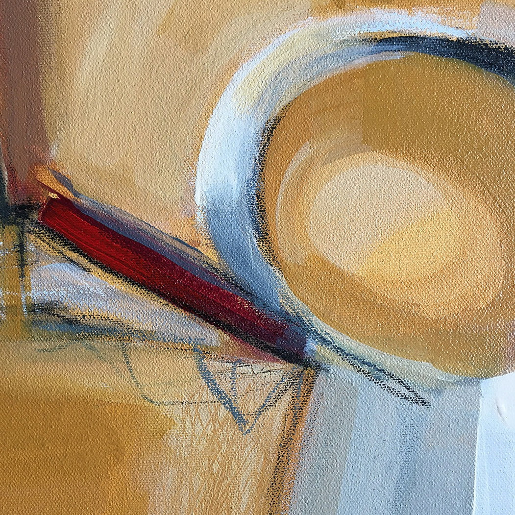 Abstract painting in raw sienna, gray, white and red color. The painting is made of acrylic color and mixed media. Detail of artwork.