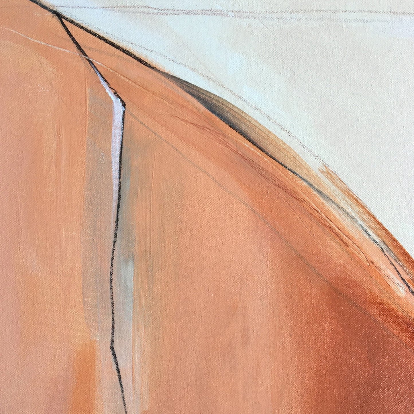 One-of-a-kind abstract artwork. Acrylic on canvas. Beige, warm gray, white, black, and raw sienna colors. Detail