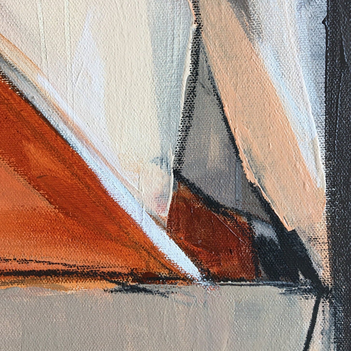 One-of-a-kind abstract artwork. Acrylic on canvas. Beige, warm gray, white, black, and raw sienna colors. Detail