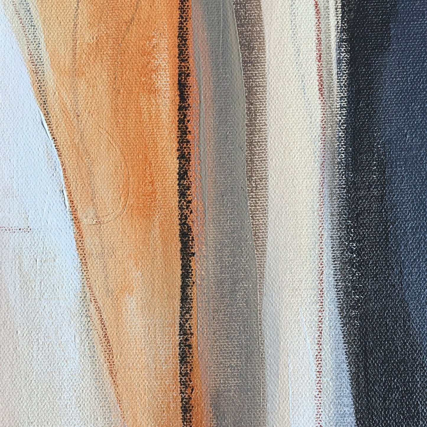 One-of-a-kind abstract artwork. Acrylic on canvas. Beige, warm gray, white, black, and raw sienna colors. Details