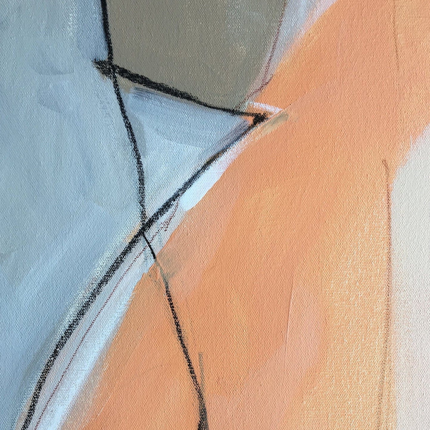 One-of-a-kind abstract artwork. Acrylic on canvas. Beige, warm gray, white, black, and raw sienna colors. Detail