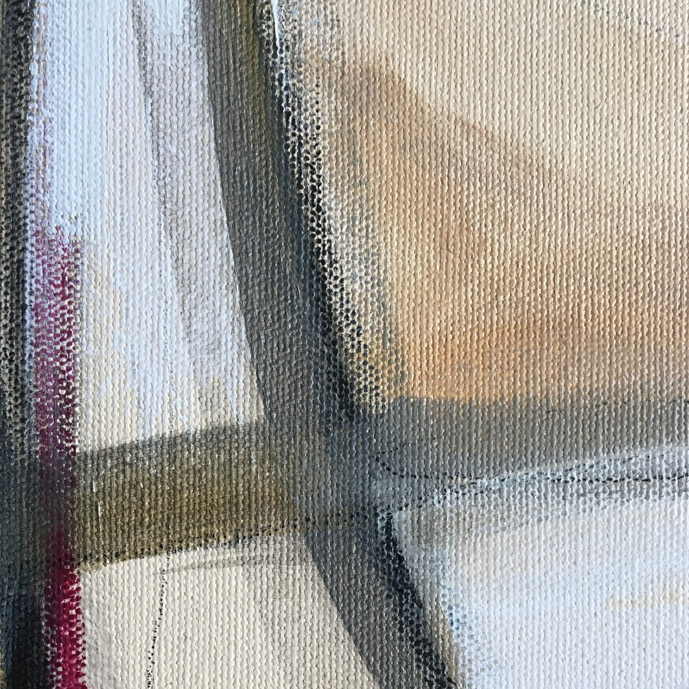 Abstract painting in raw sienna, gray, white and red color. The painting is made of acrylic color and mixed media. Detail