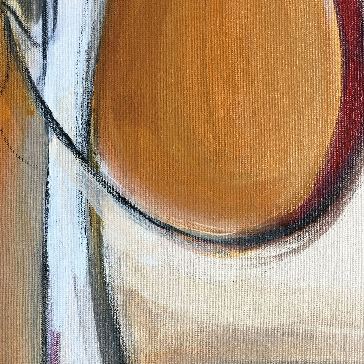 Abstract painting in raw sienna, gray, white and red color. The painting is made of acrylic color and mixed media. Detail