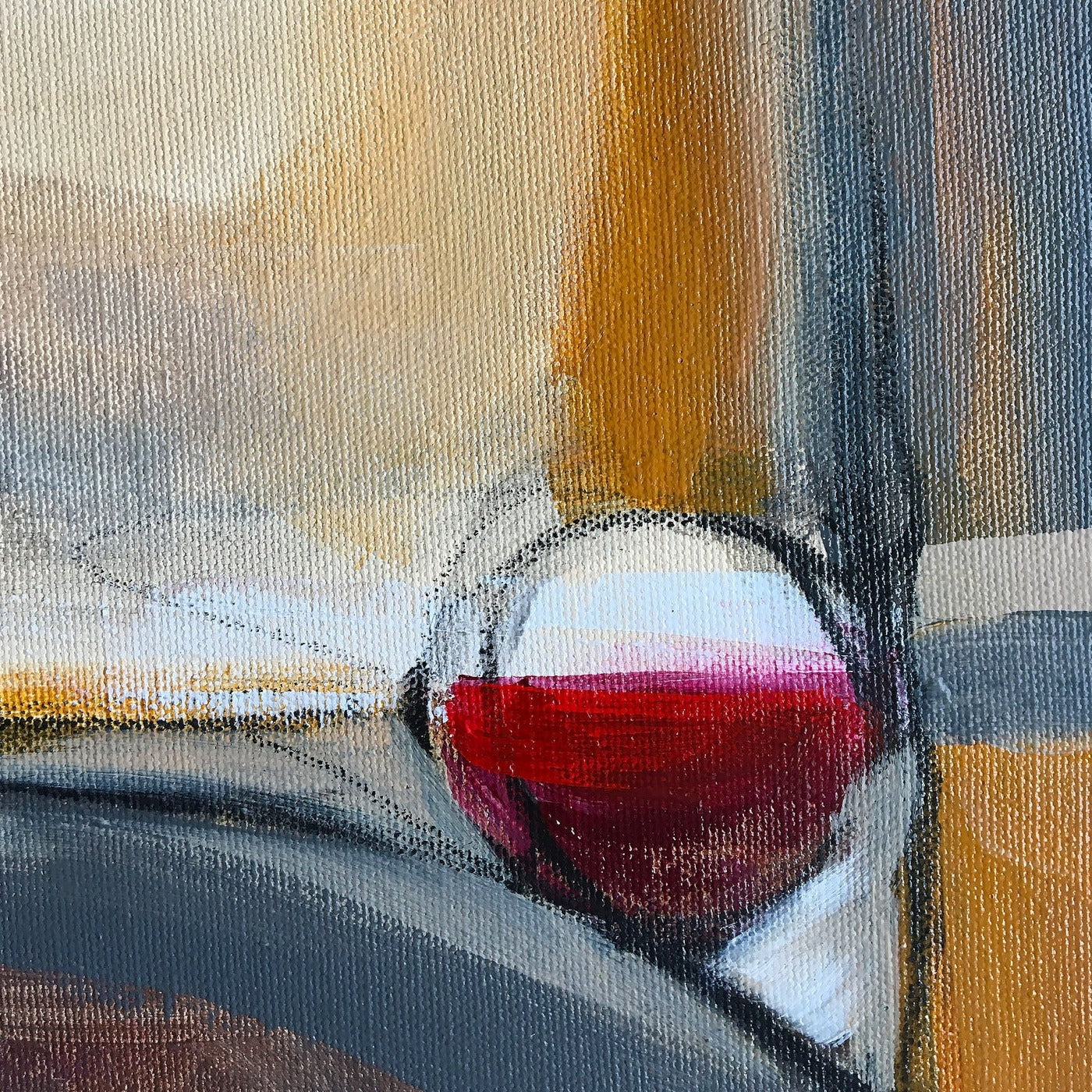 Abstract painting in raw sienna, gray, white and red color. The painting is made of acrylic color and mixed media. Detail