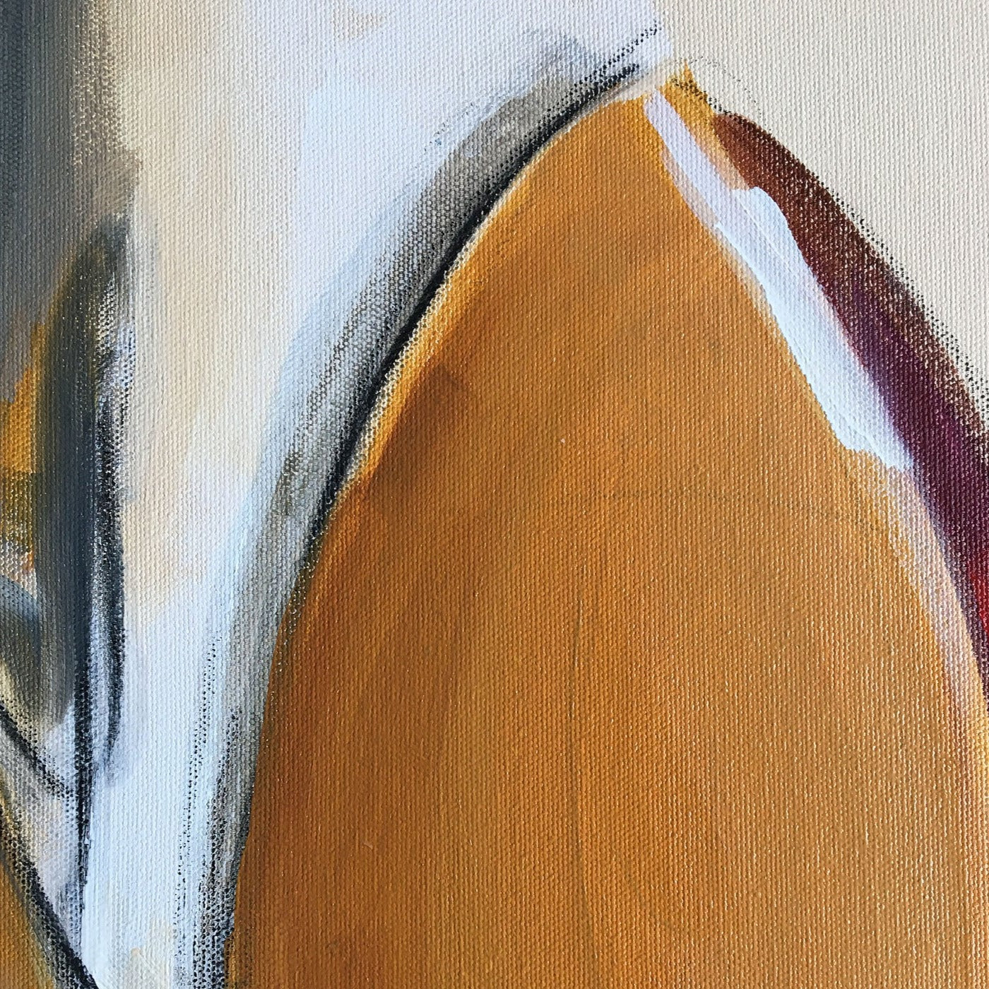 Abstract painting in raw sienna, gray, white and red color. The painting is made of acrylic color and mixed media. Detail