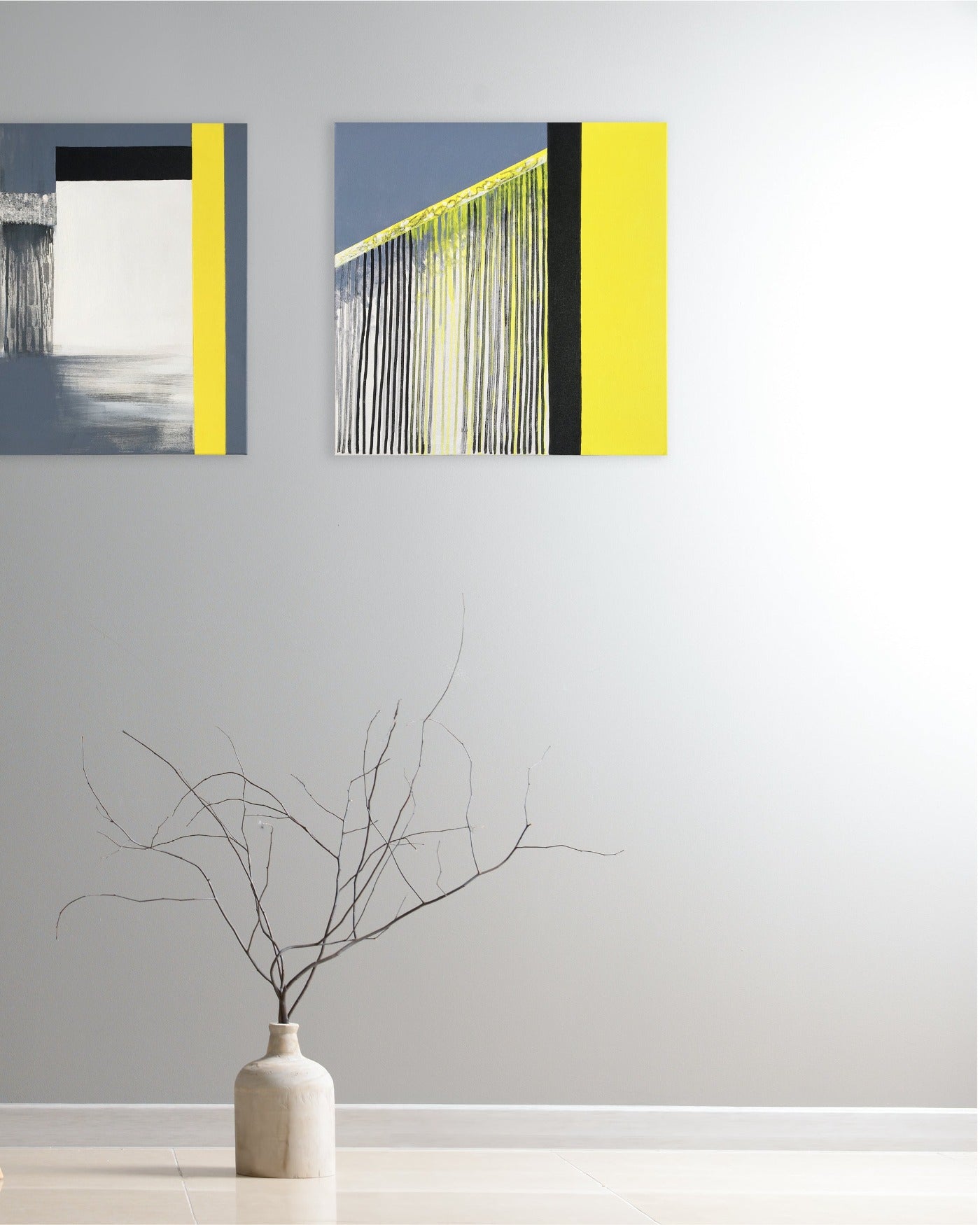Abstract painting in yellow, black, gray and white colors. The artwork is made with acrylic colors. Mockup