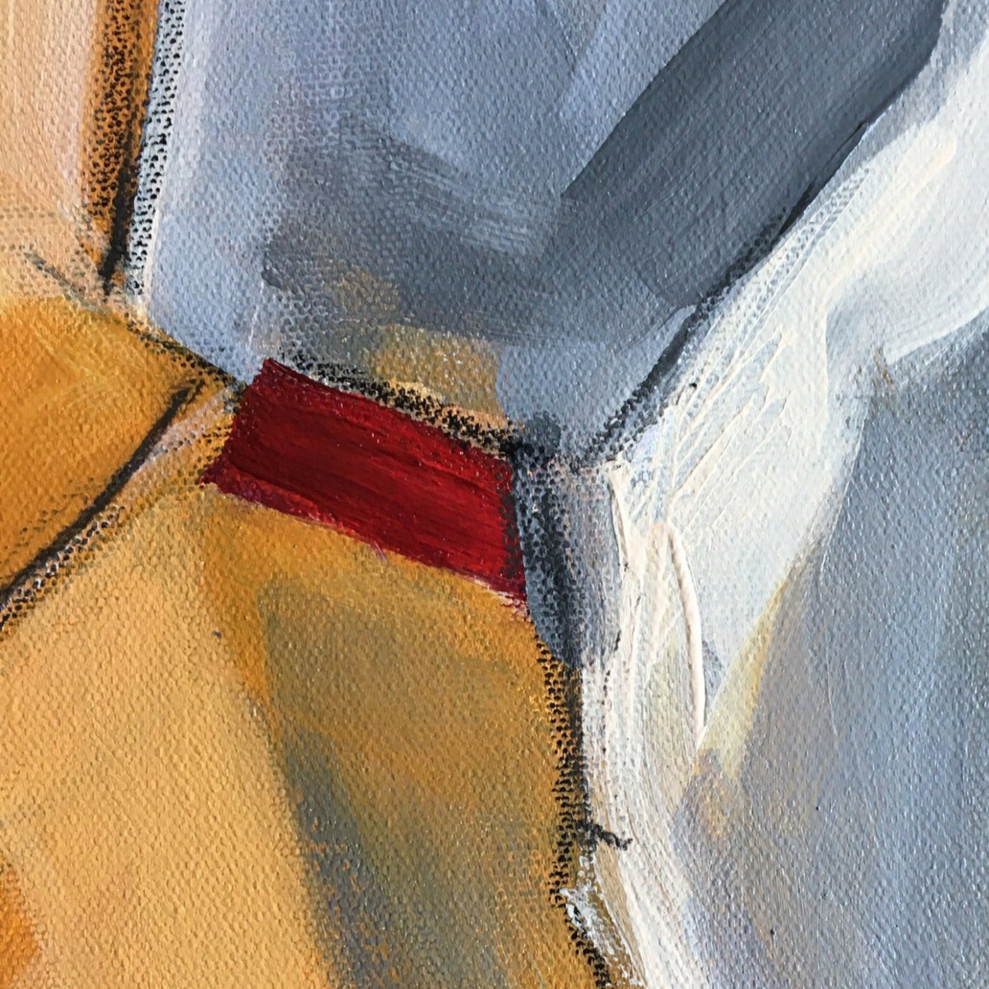 Abstract painting in raw sienna, gray, white and red color. The painting is made of acrylic color and mixed media. Detail