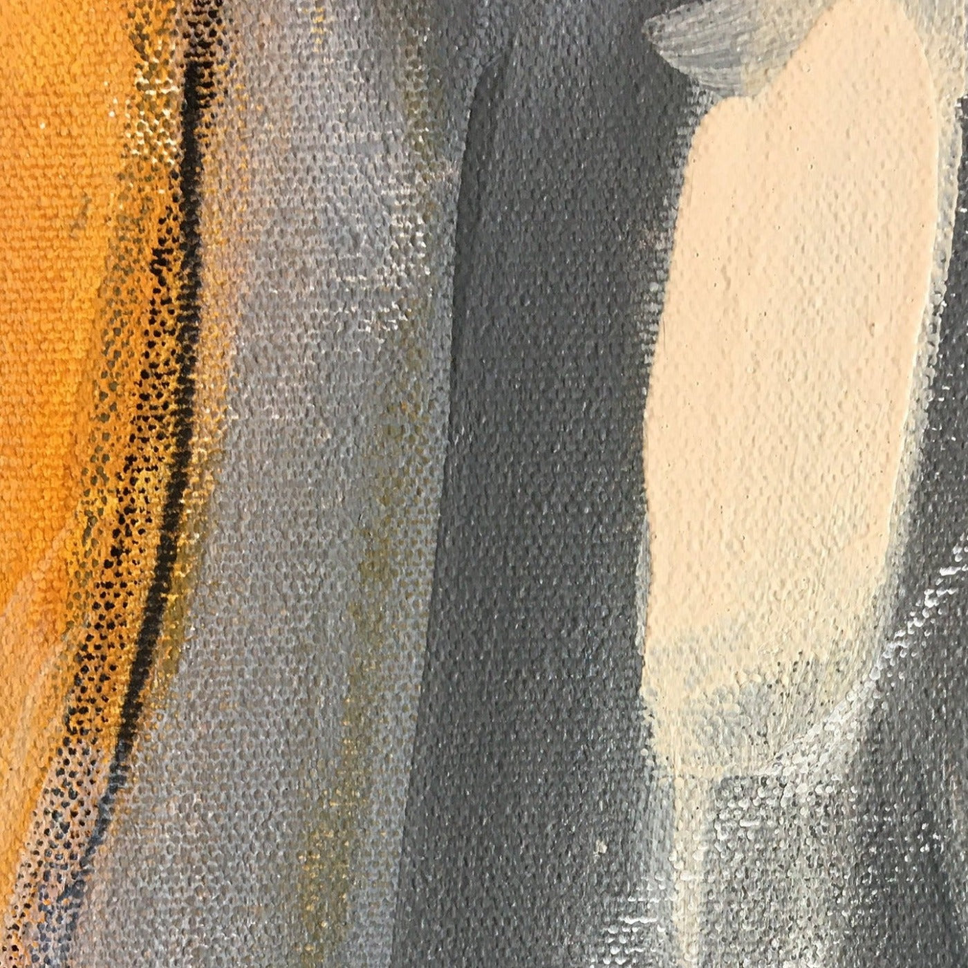 Abstract painting in raw sienna, gray, white and red color. The painting is made of acrylic color and mixed media. Detail