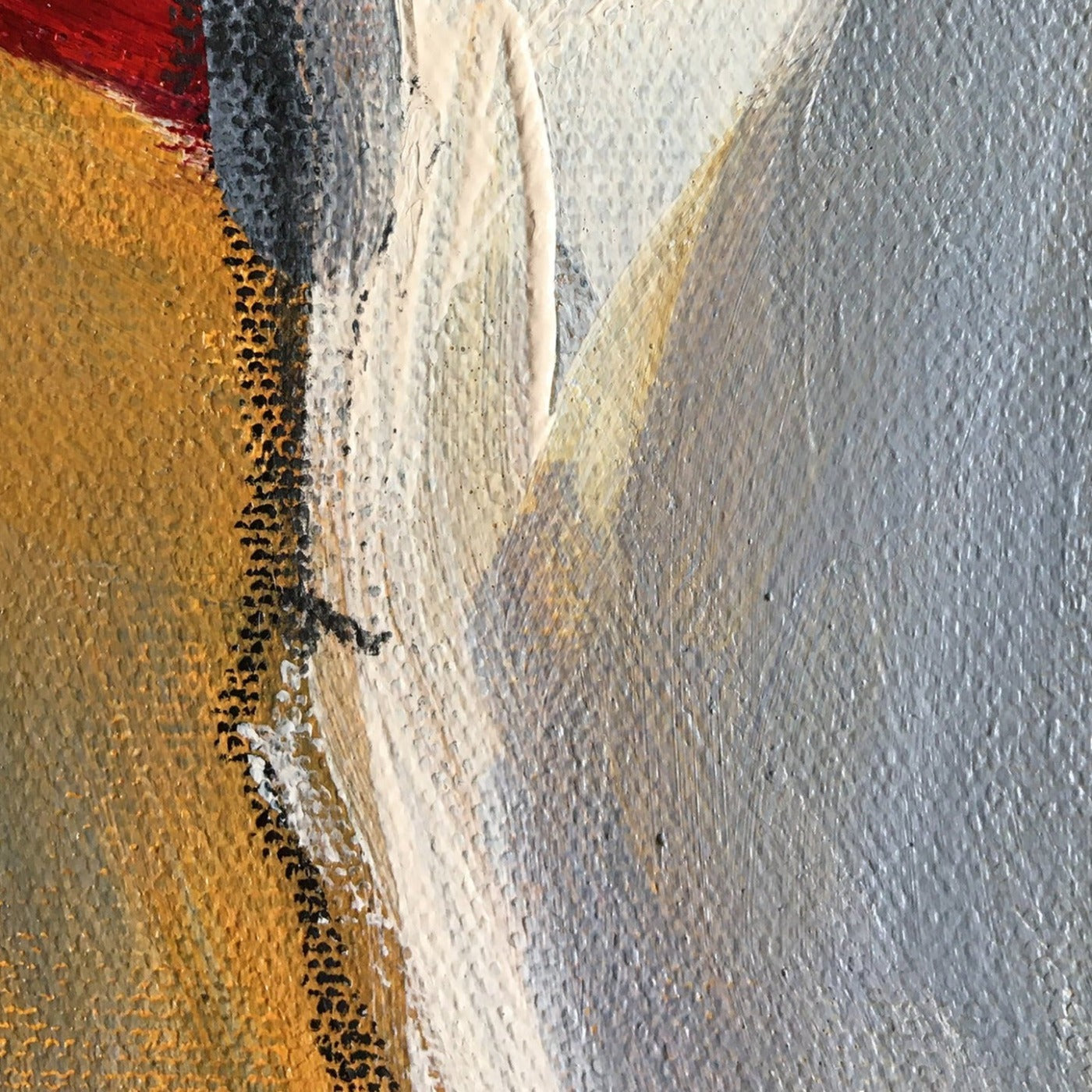 Abstract painting in raw sienna, gray, white and red color. The painting is made of acrylic color and mixed media. Detail