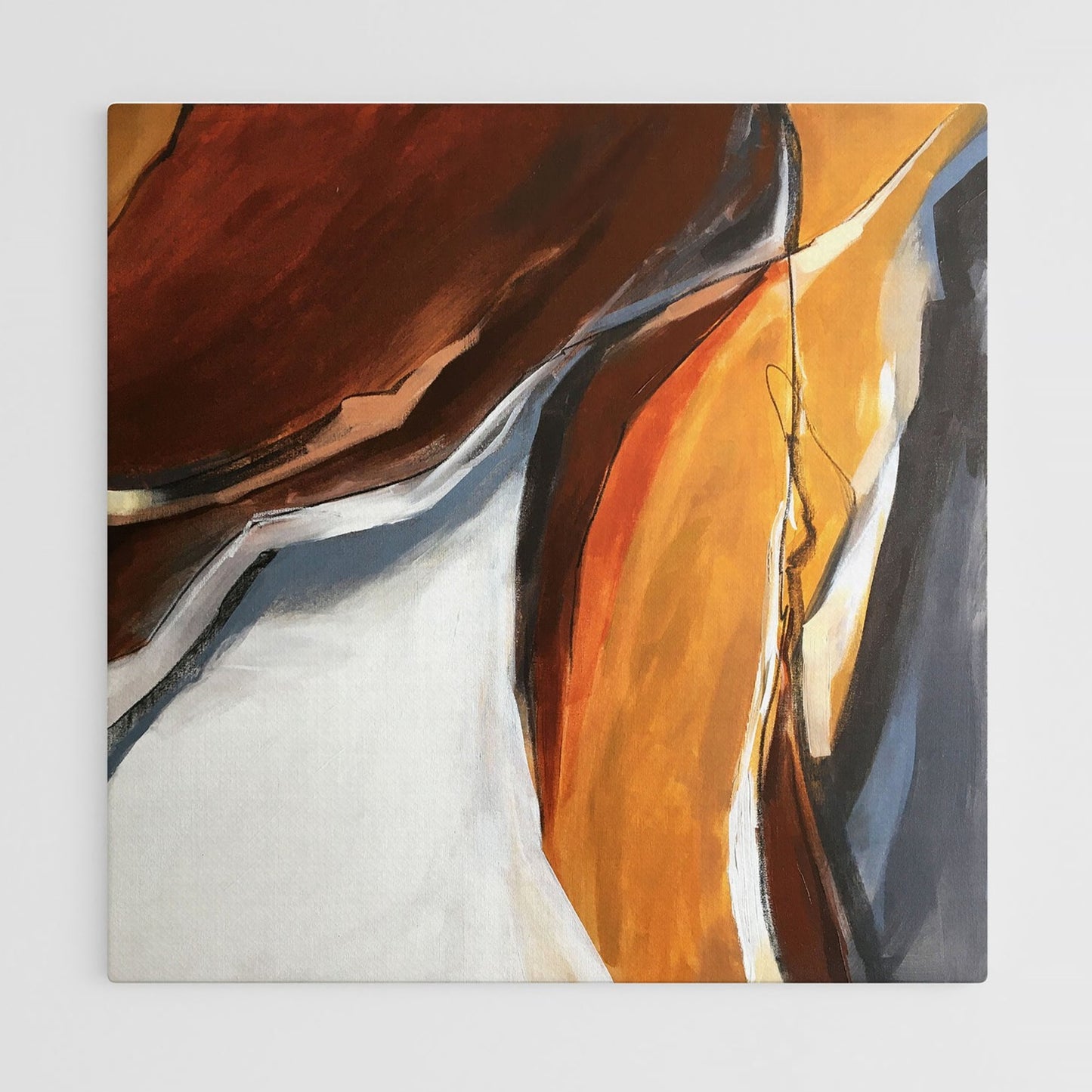 One-of-a-kind abstract artwork. 90x90cm 35.43"x35.43" Acrylic | Mixed Media on canvas. Raw sienna, burnt sienna, ochre, umbra, black, and white colors. Stretched canvas. Ready to hang. Unframed. Contemporary artwork for modern interiors. The artist's personal story about wind inspires contemporary abstract artwork.