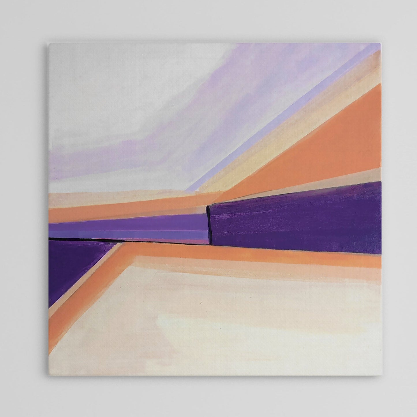 One-of-a-kind abstract artwork. Acrylic on canvas. Portrait rose, lilac, white, black, and Persian rose colors. Stretched canvas. Ready to hang. Unframed artwork for modern interiors. The artist's personal story about the landscape.