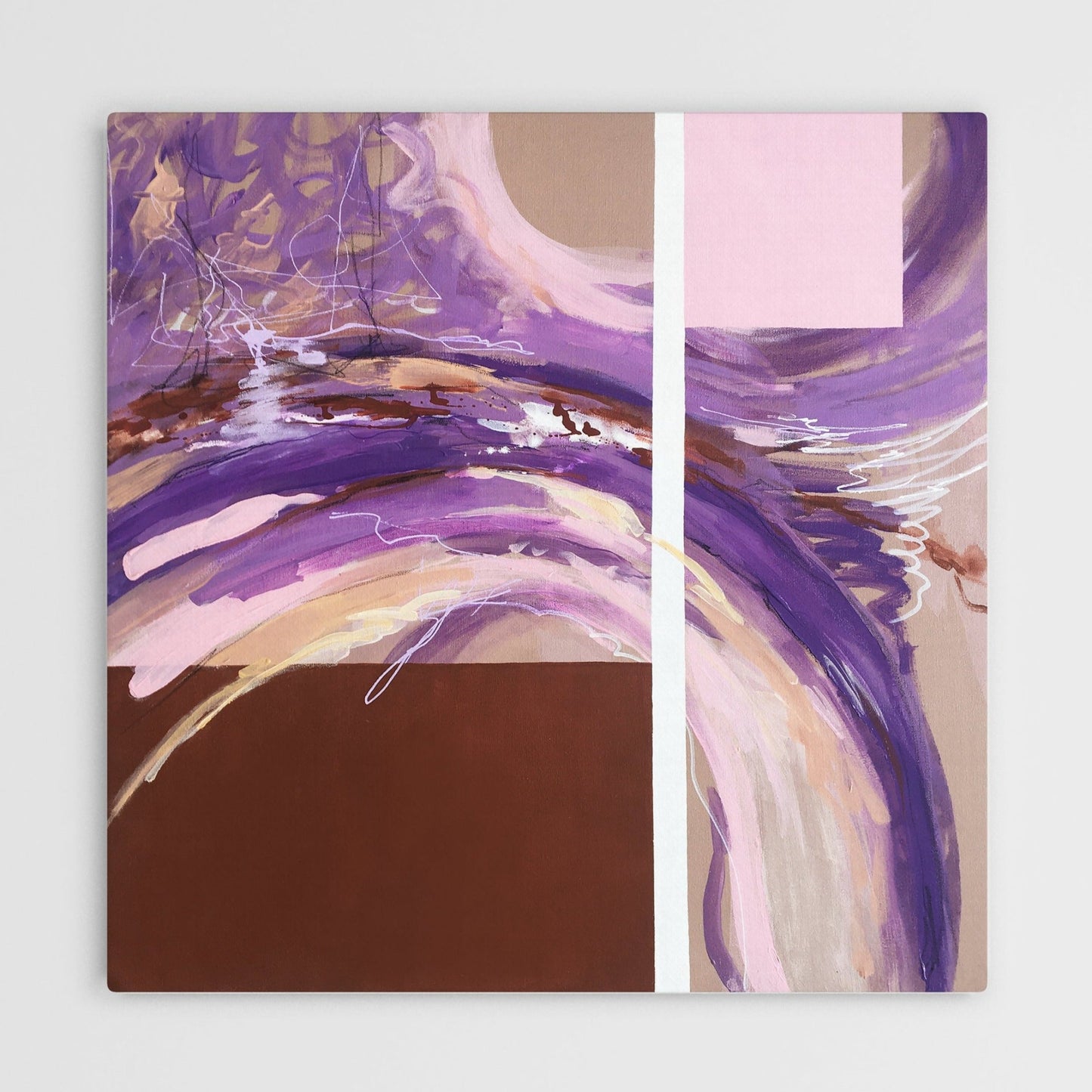 Abstract painting in burnt sienna, lilac, white and pink colors on beige background. The painting is made with acrylic color.