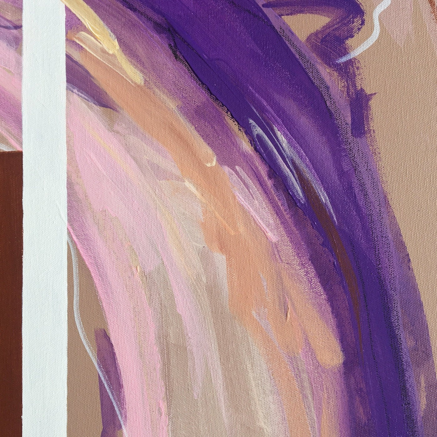 Abstract painting in burnt sienna, lilac, white and pink colors on beige background. The painting is made with acrylic color. Detail