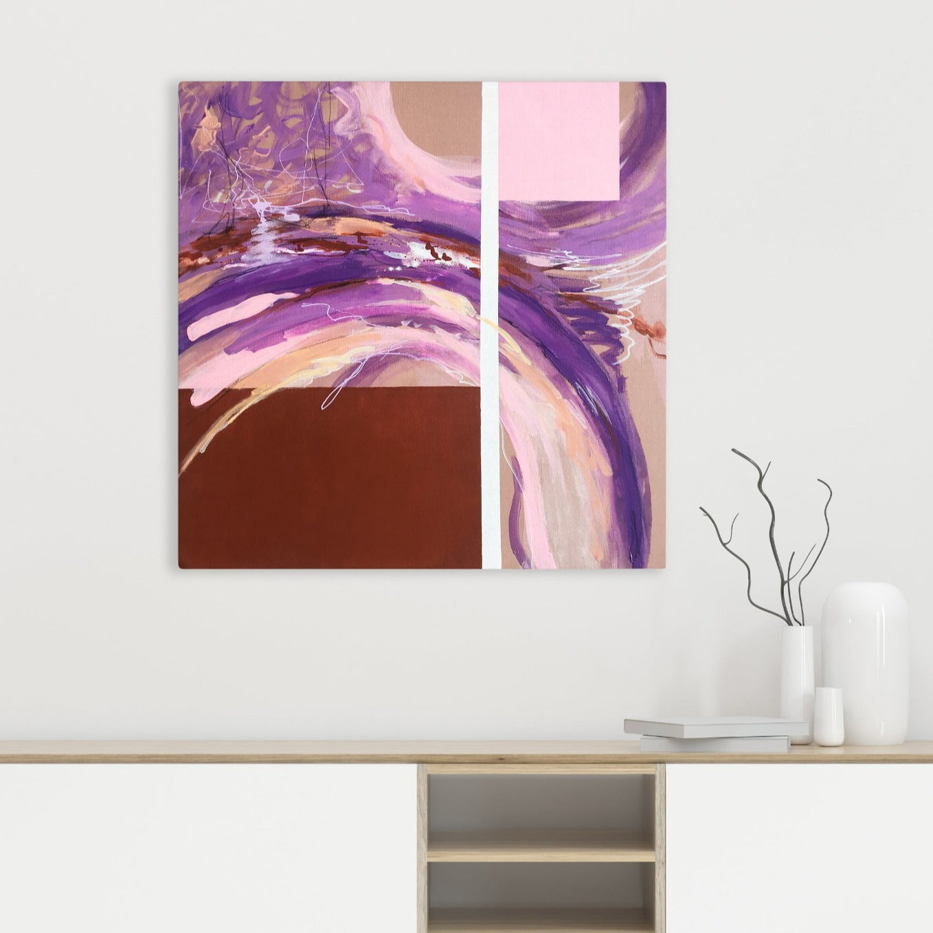 Abstract painting in burnt sienna, lilac, white and pink colors on beige background. The painting is made with acrylic color.  Mockup in room with abstract, orginal painting                               