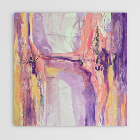 Abstract painting in naples yellow, violet, lilac, and pink colors. The artwork is made with acrylic colors and mixed media.