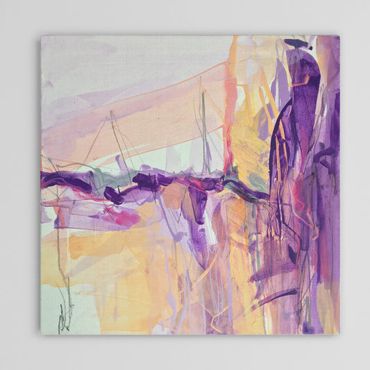 Abstract painting in naples yellow, violet, lilac, and pink colors. The artwork is made with acrylic colors and mixed media.