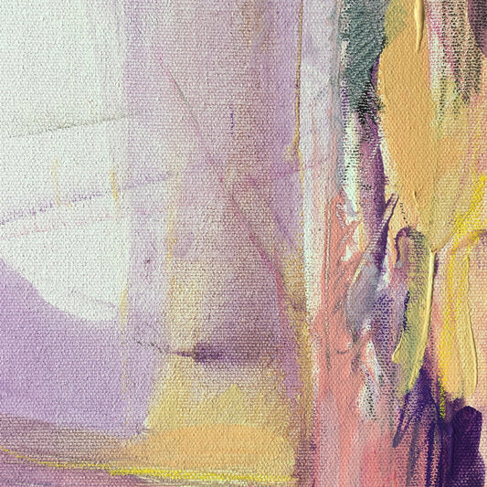 Abstract painting in naples yellow, violet, lilac, and pink colors. The artwork is made with acrylic colors and mixed media. Detail