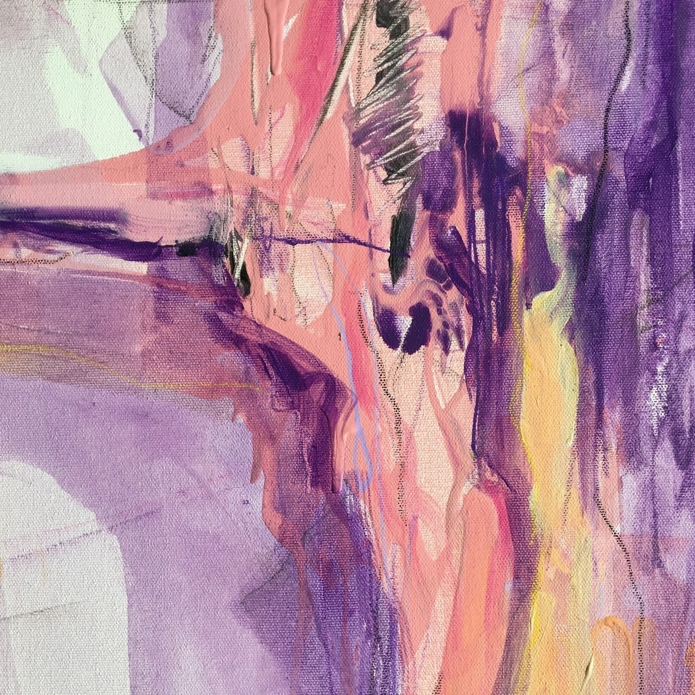Abstract painting in naples yellow, violet, lilac, and pink colors. The artwork is made with acrylic colors and mixed media. Detail
