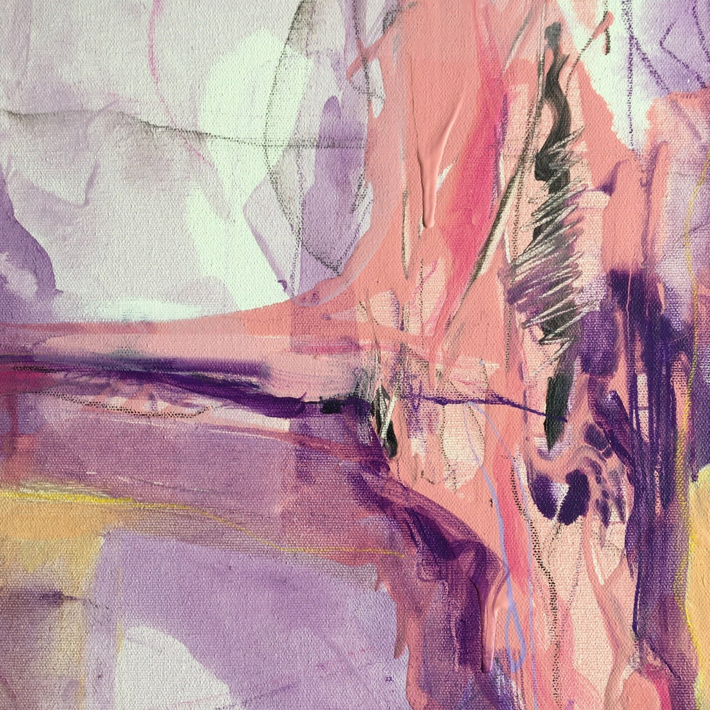 Abstract painting in naples yellow, violet, lilac, and pink colors. The artwork is made with acrylic colors and mixed media. Detail