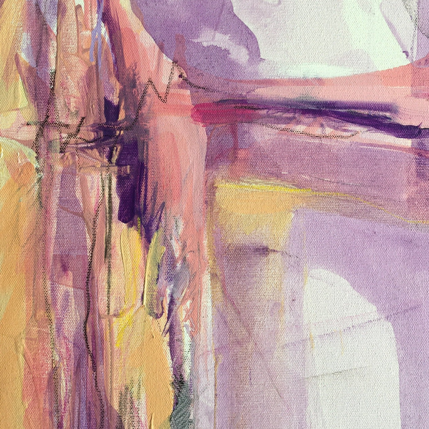 Abstract painting in naples yellow, violet, lilac, and pink colors. The artwork is made with acrylic colors and mixed media. Detail