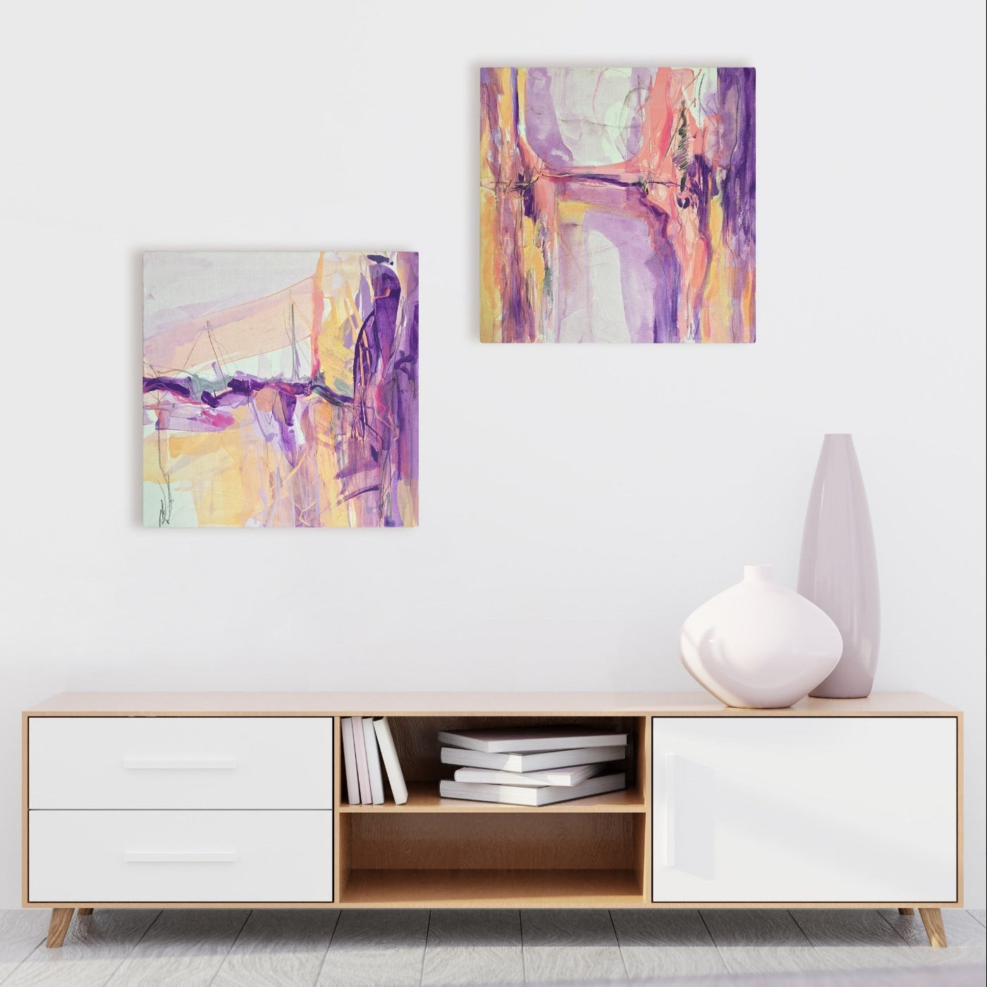 Abstract painting in naples yellow, violet, lilac, and pink colors. The artwork is made with acrylic colors and mixed media. Mockup