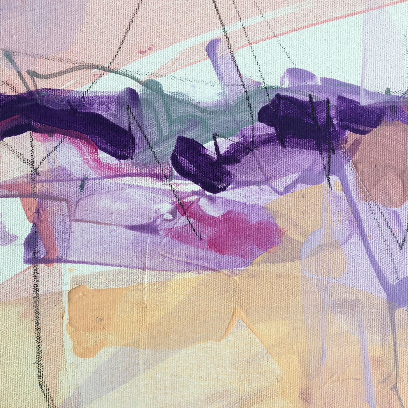 Abstract painting in naples yellow, violet, lilac, and pink colors. The artwork is made with acrylic colors and mixed media. Detail