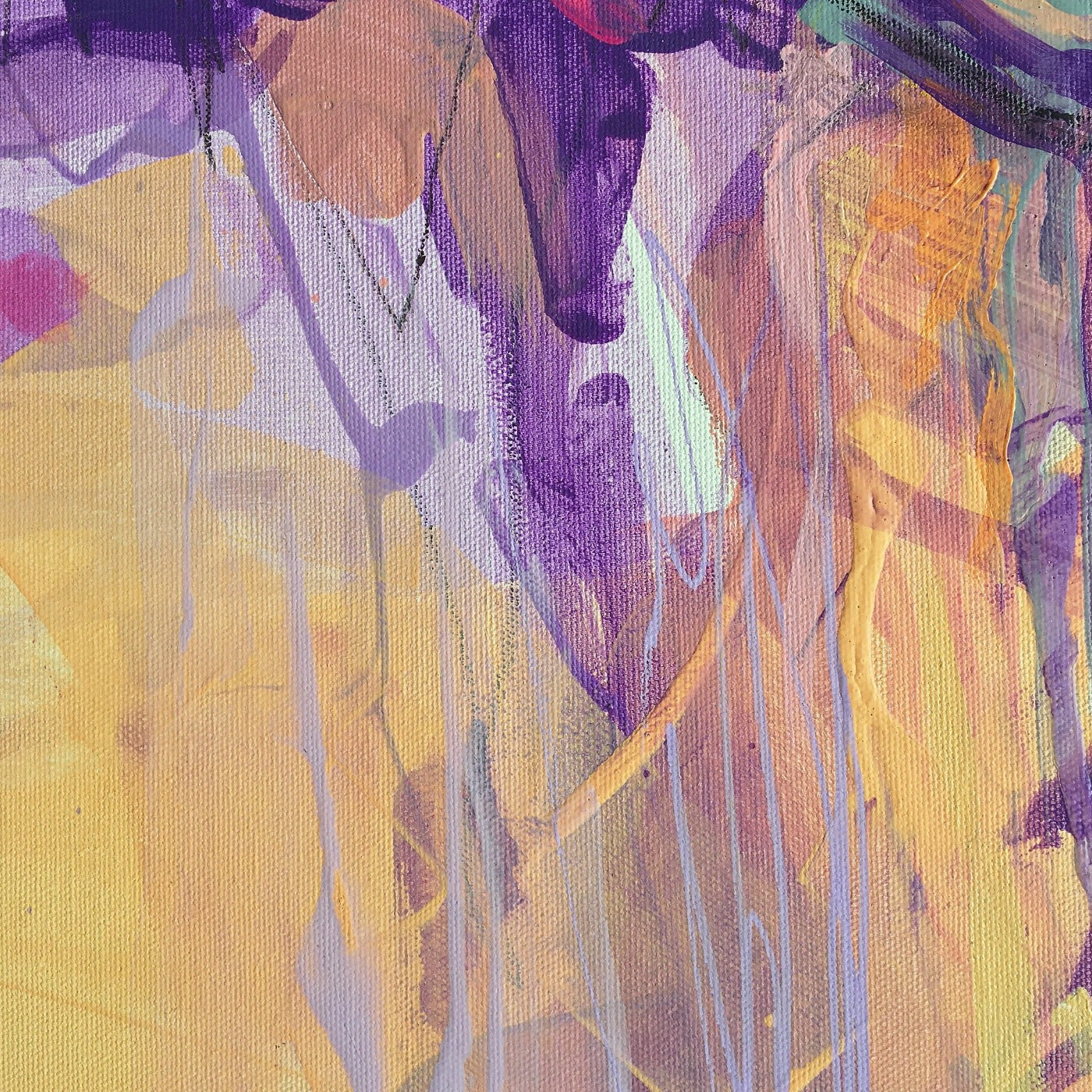 Abstract painting in naples yellow, violet, lilac, and pink colors. The artwork is made with acrylic colors and mixed media. Detail