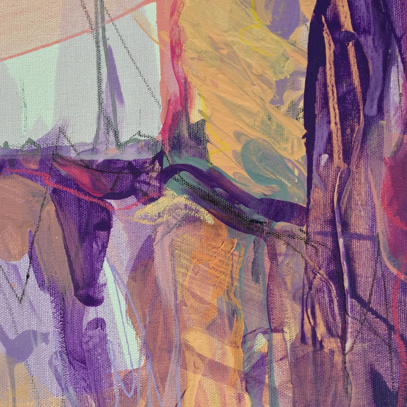 Abstract painting in naples yellow, violet, lilac, and pink colors. The artwork is made with acrylic colors and mixed media. Detail