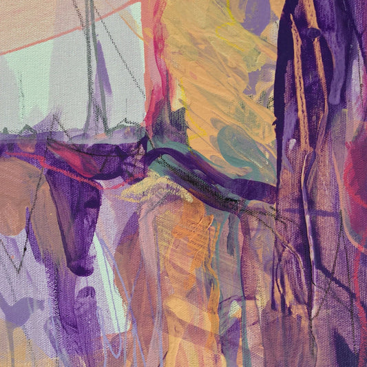 Abstract painting in naples yellow, violet, lilac, and pink colors. The artwork is made with acrylic colors and mixed media. Detail