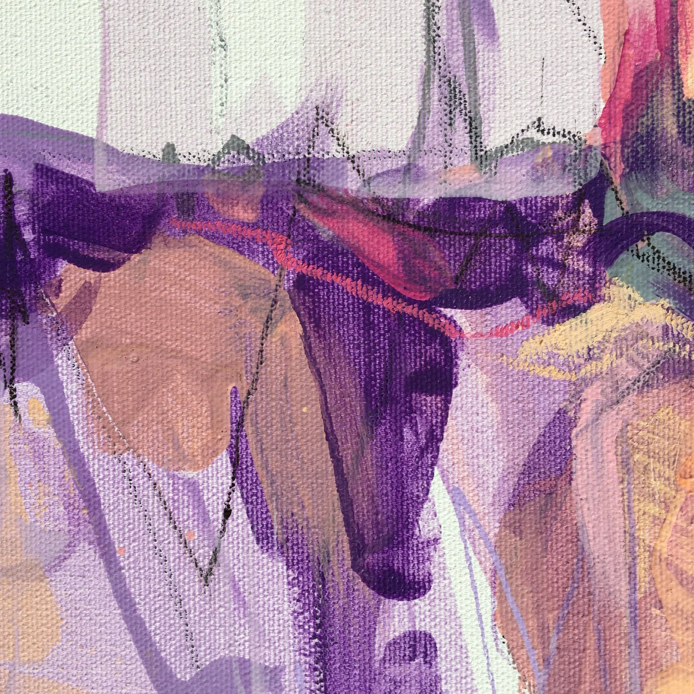 Abstract painting in naples yellow, violet, lilac, and pink colors. The artwork is made with acrylic colors and mixed media. Detail
