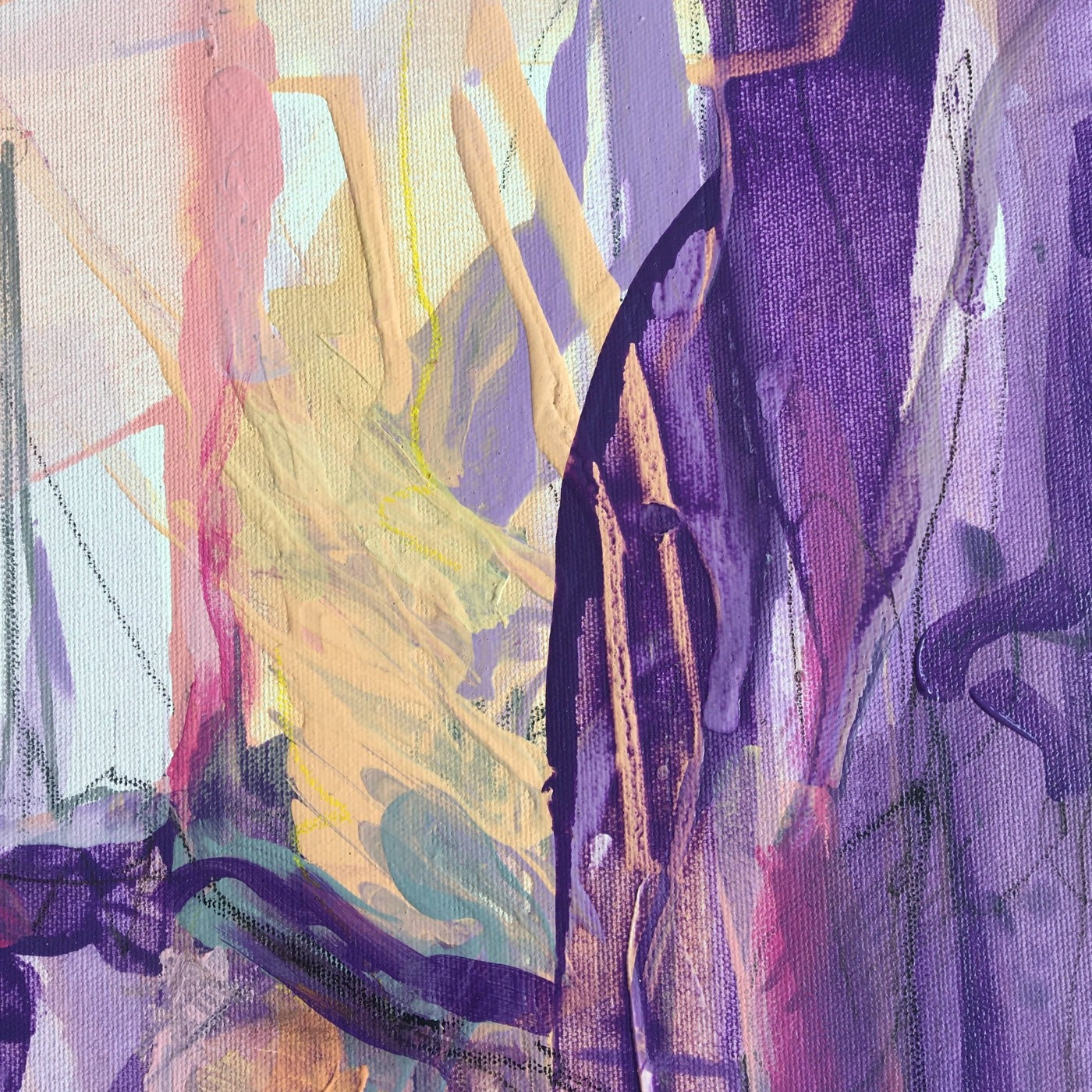 Abstract painting in naples yellow, violet, lilac, and pink colors. The artwork is made with acrylic colors and mixed media. Detail