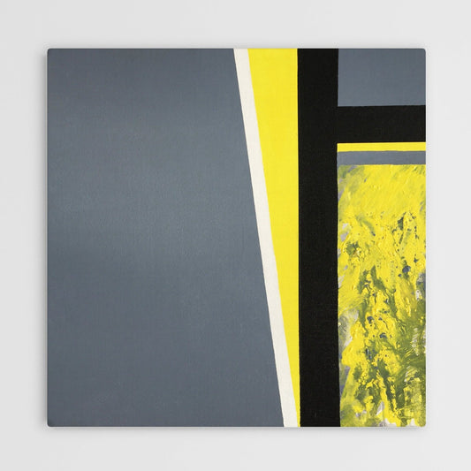 Abstract painting in yellow, black, gray and white colors. The artwork is made with acrylic colors.