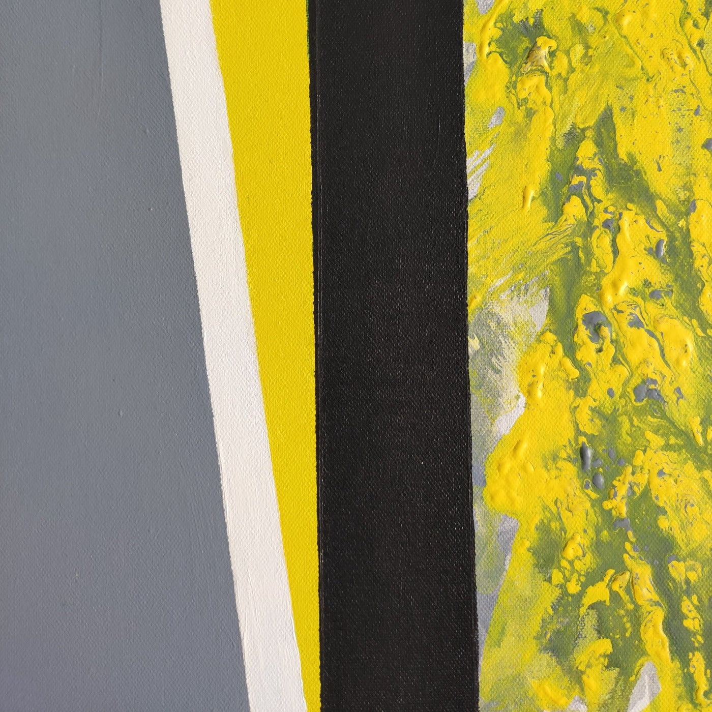 Abstract painting in yellow, black, gray and white colors. The artwork is made with acrylic colors. Detail