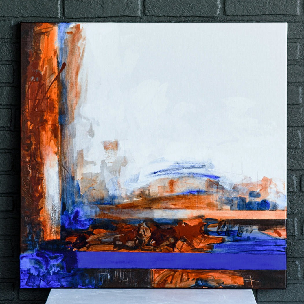 One-of-a-kind abstract artwork. 80x80cm 31.4"x31.4" Acrylic | Mixed Media on canvas. Raw sienna, burnt sienna, ultramarine blue, umbra and white colors. Stretched canvas. Ready to hang. Unframed. Painting for modern interiors.
