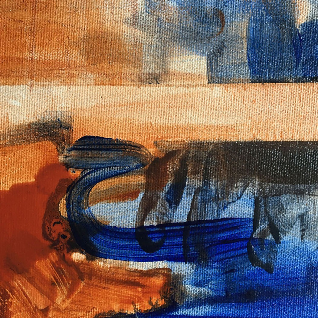 One-of-a-kind abstract artwork. 80x80cm 31.4"x31.4" Acrylic | Mixed Media on canvas. Raw sienna, burnt sienna, ultramarine blue, umbra and white colors. Stretched canvas. Ready to hang. Details.