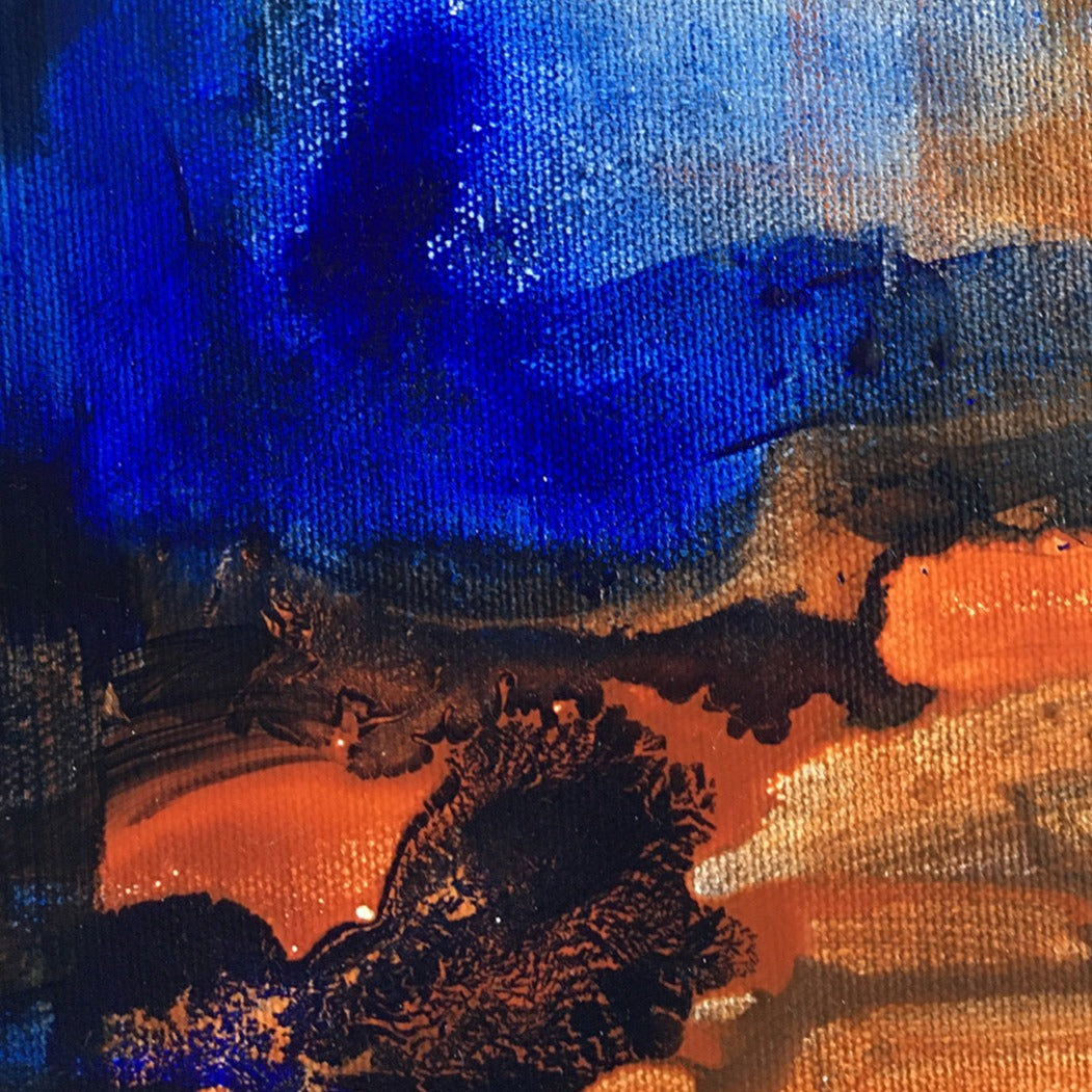 One-of-a-kind abstract artwork. 80x80cm 31.4"x31.4" Acrylic | Mixed Media on canvas. Raw sienna, burnt sienna, ultramarine blue, umbra and white colors. Stretched canvas. Ready to hang. Details.