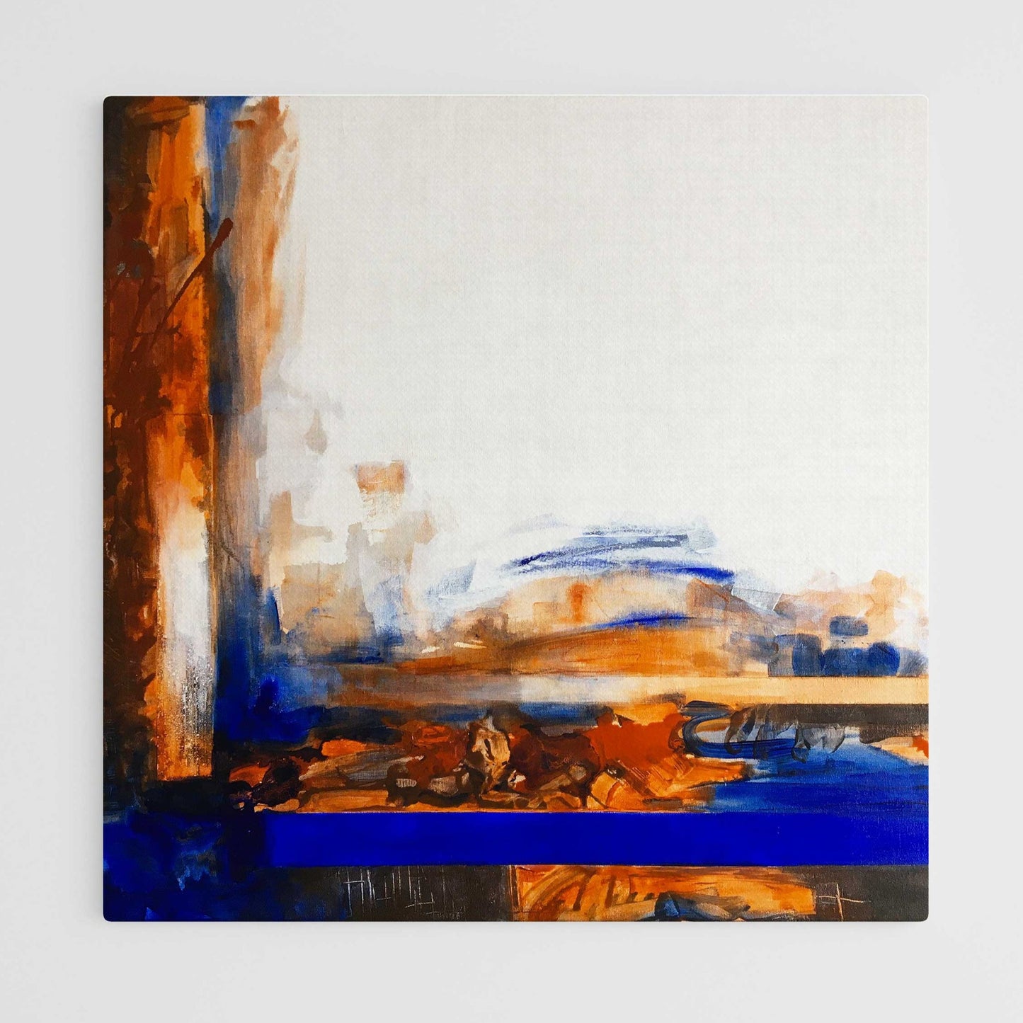 One-of-a-kind abstract artwork. 80x80cm 31.4"x31.4" Acrylic | Mixed Media on canvas. Raw sienna, burnt sienna, ultramarine blue, umbra and white colors. Stretched canvas. Ready to hang. Unframed. Painting for modern interiors.