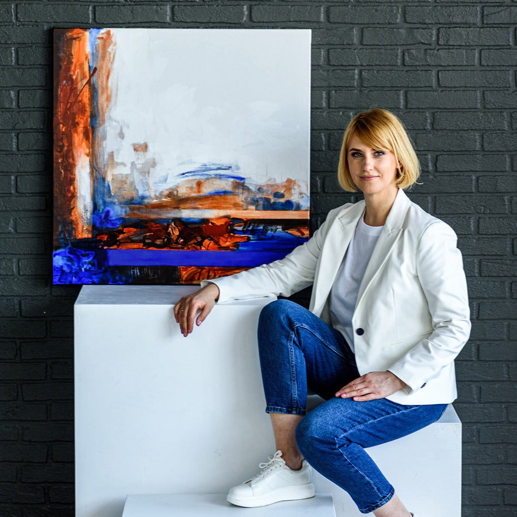 One-of-a-kind abstract artwork. 80x80cm 31.4"x31.4" Acrylic | Mixed Media on canvas. Raw sienna, burnt sienna, ultramarine blue, umbra and white colors. Stretched canvas. Ready to hang. Unframed. Painting for modern interiors. Painting with author