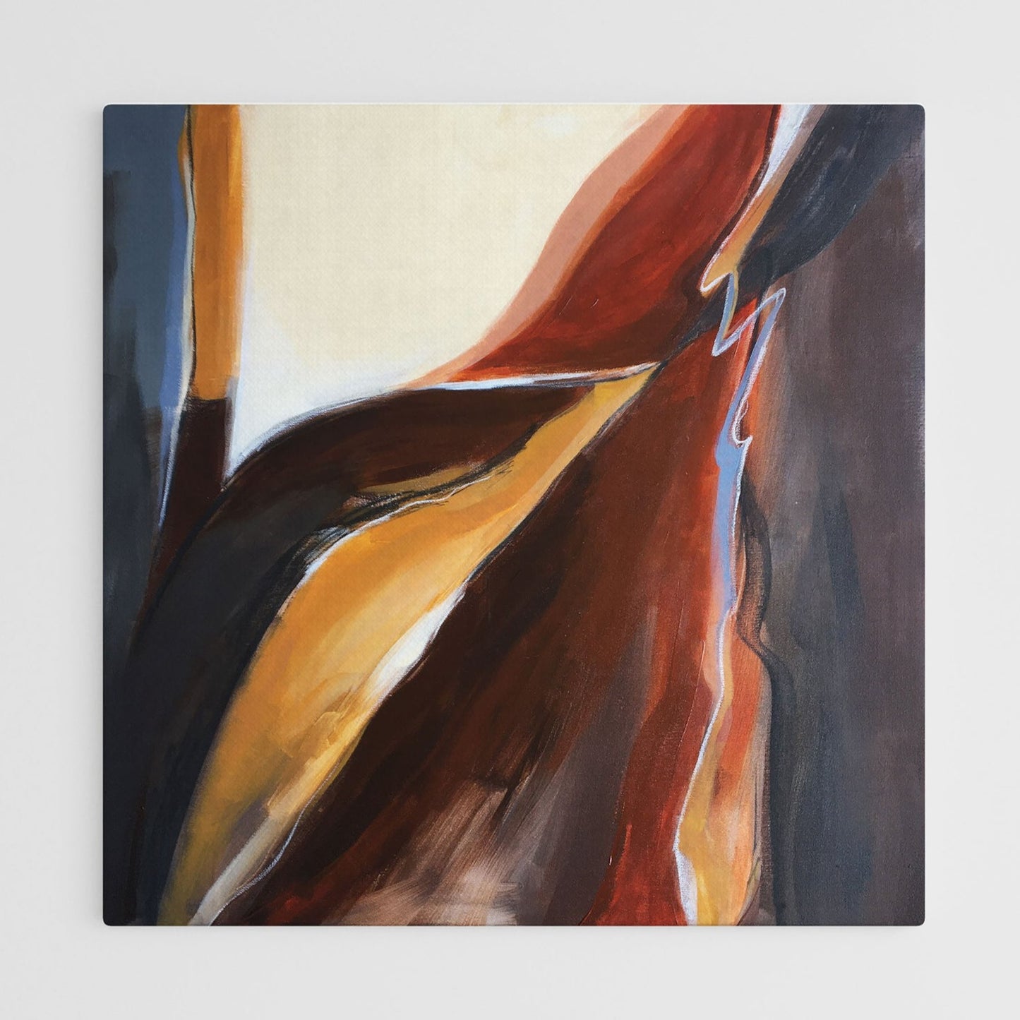 One-of-a-kind abstract artwork. 90x90cm 35.43"x35.43" Acrylic | Mixed Media on canvas. Raw sienna, burnt sienna, ochre, umbra, black, and white colors. Stretched canvas. Ready to hang. Unframed. Contemporary artwork for modern interiors. The artist's personal story about wind inspires contemporary abstract artwork. 