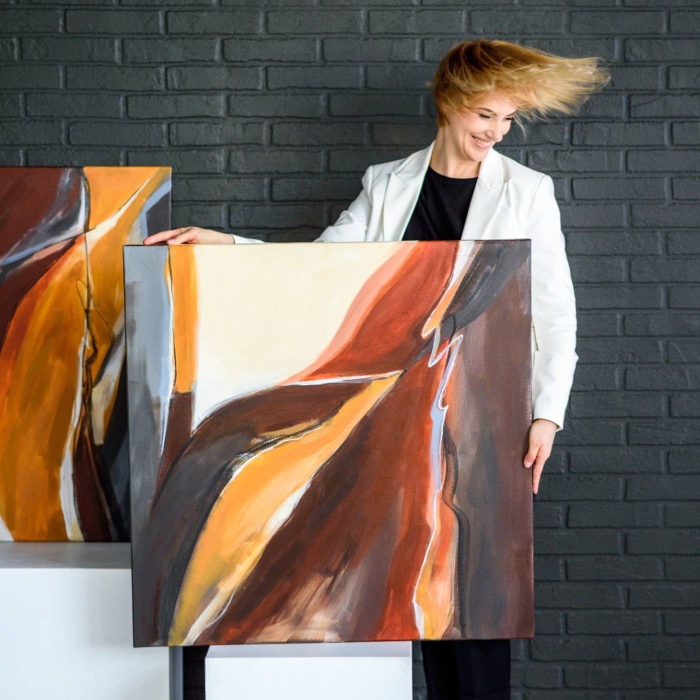 One-of-a-kind abstract artwork. 90x90cm 35.43"x35.43" Acrylic | Mixed Media on canvas. Raw sienna, burnt sienna, ochre, umbra, black, and white colors. Stretched canvas. Ready to hang. Unframed. Contemporary artwork for modern interiors. The artist's personal story about wind inspires contemporary abstract artwork with author