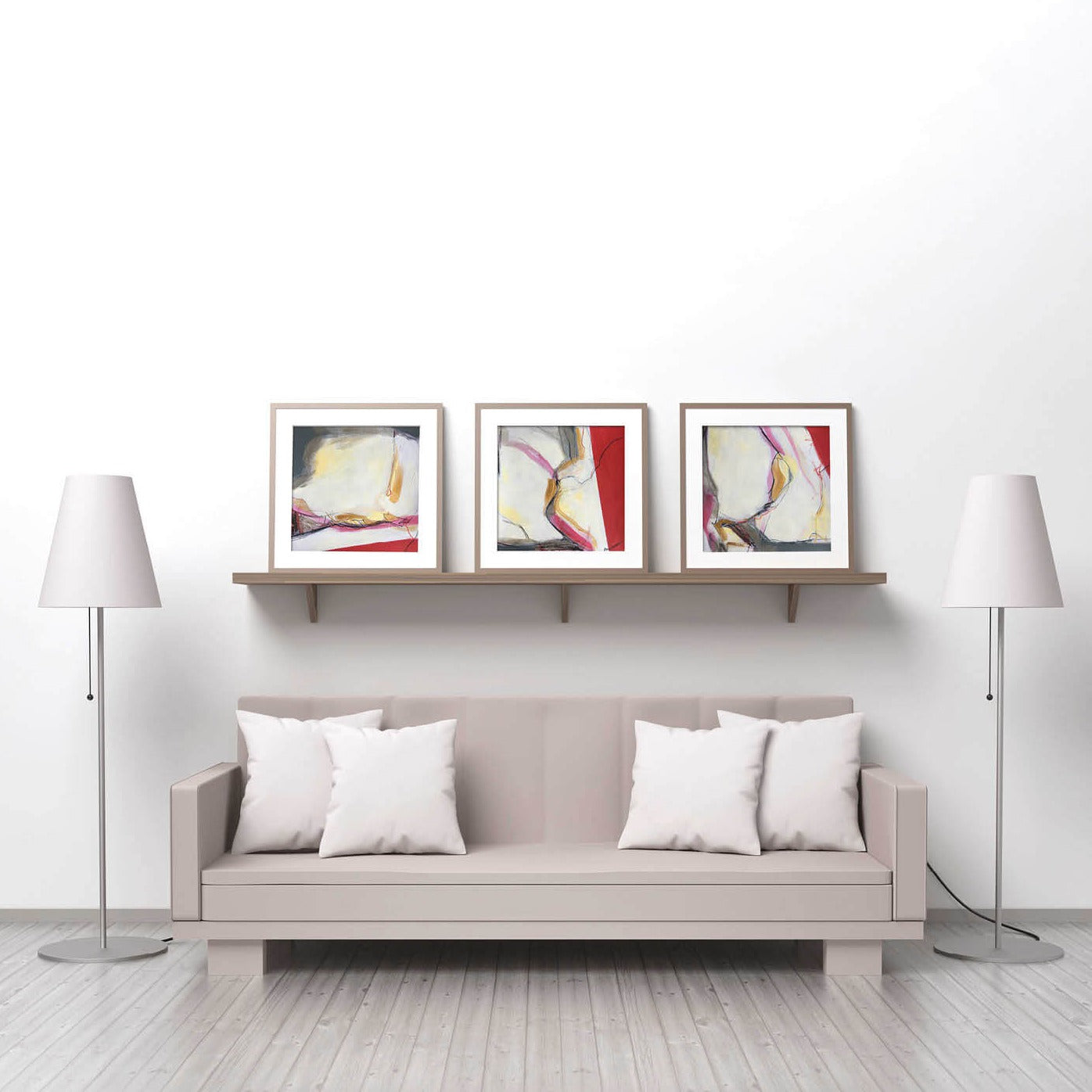 30x30cm 11.8"x11.8" Acrylic | Mixed Media on paper. Contemporary abstract artwork on paper COMPOSITION No.1 by Laura Treimane Saulaja. Intuitive composition in the artist's art practice. One-of-a-kind mixed media artwork in light yellow, white, warm gray, gold, red, and black colors.  Mockup photo with three artworks on paper 