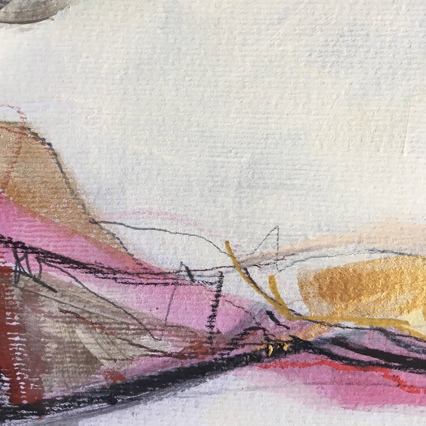 30x30cm 11.8"x11.8" Acrylic | Mixed Media on paper. Contemporary abstract artwork on paper COMPOSITION No.1 by Laura Treimane Saulaja. Intuitive composition in the artist's art practice. One-of-a-kind mixed media artwork in light yellow, white, warm gray, gold, red, and black colors. Detail