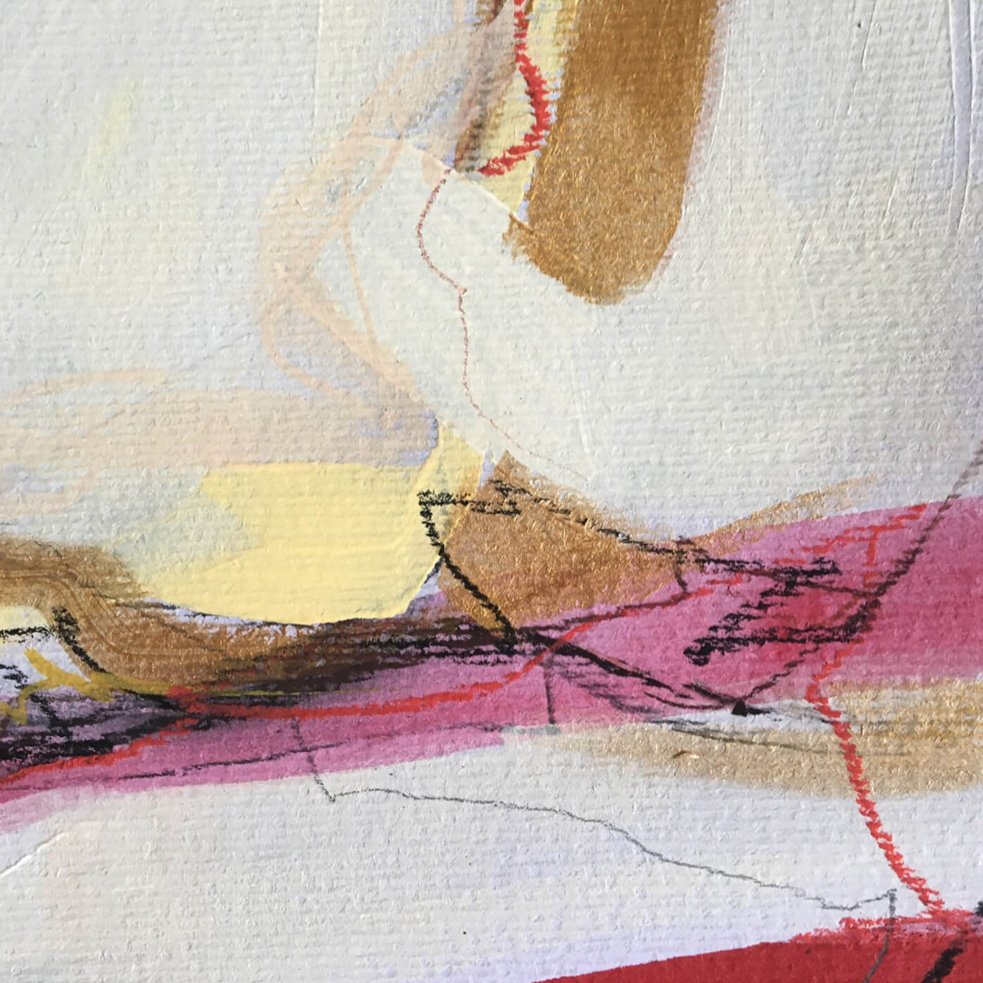 30x30cm 11.8"x11.8" Acrylic | Mixed Media on paper. Contemporary abstract artwork on paper COMPOSITION No.1 by Laura Treimane Saulaja. Intuitive composition in the artist's art practice. One-of-a-kind mixed media artwork in light yellow, white, warm gray, gold, red, and black colors.  Detail