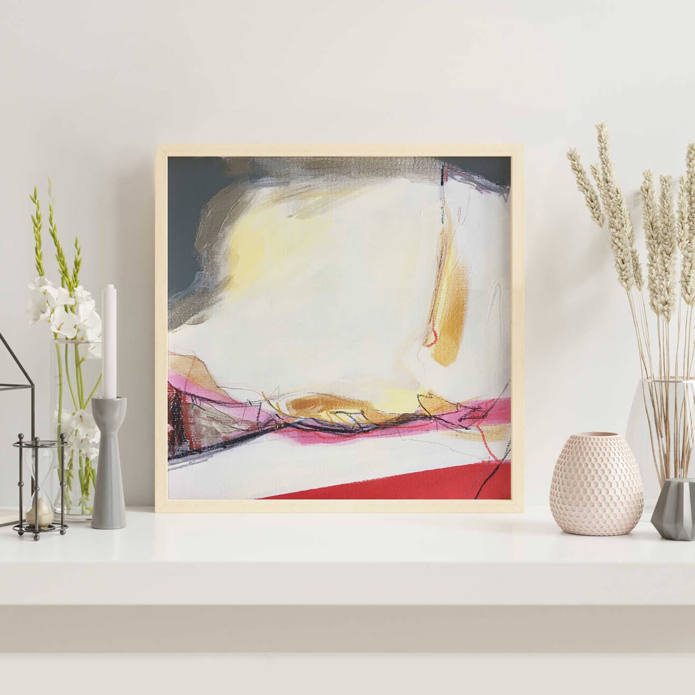30x30cm 11.8"x11.8" Acrylic | Mixed Media on paper. Contemporary abstract artwork on paper COMPOSITION No.1 by Laura Treimane Saulaja. Intuitive composition in the artist's art practice. One-of-a-kind mixed media artwork in light yellow, white, warm gray, gold, red, and black colors. 