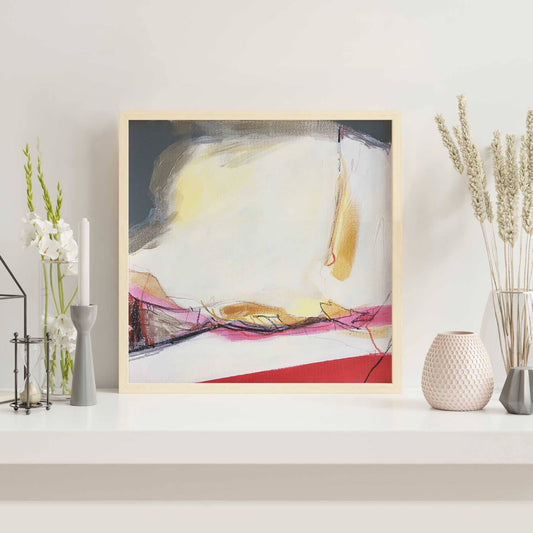 30x30cm 11.8"x11.8" Acrylic | Mixed Media on paper. Contemporary abstract artwork on paper COMPOSITION No.1 by Laura Treimane Saulaja. Intuitive composition in the artist's art practice. One-of-a-kind mixed media artwork in light yellow, white, warm gray, gold, red, and black colors. 