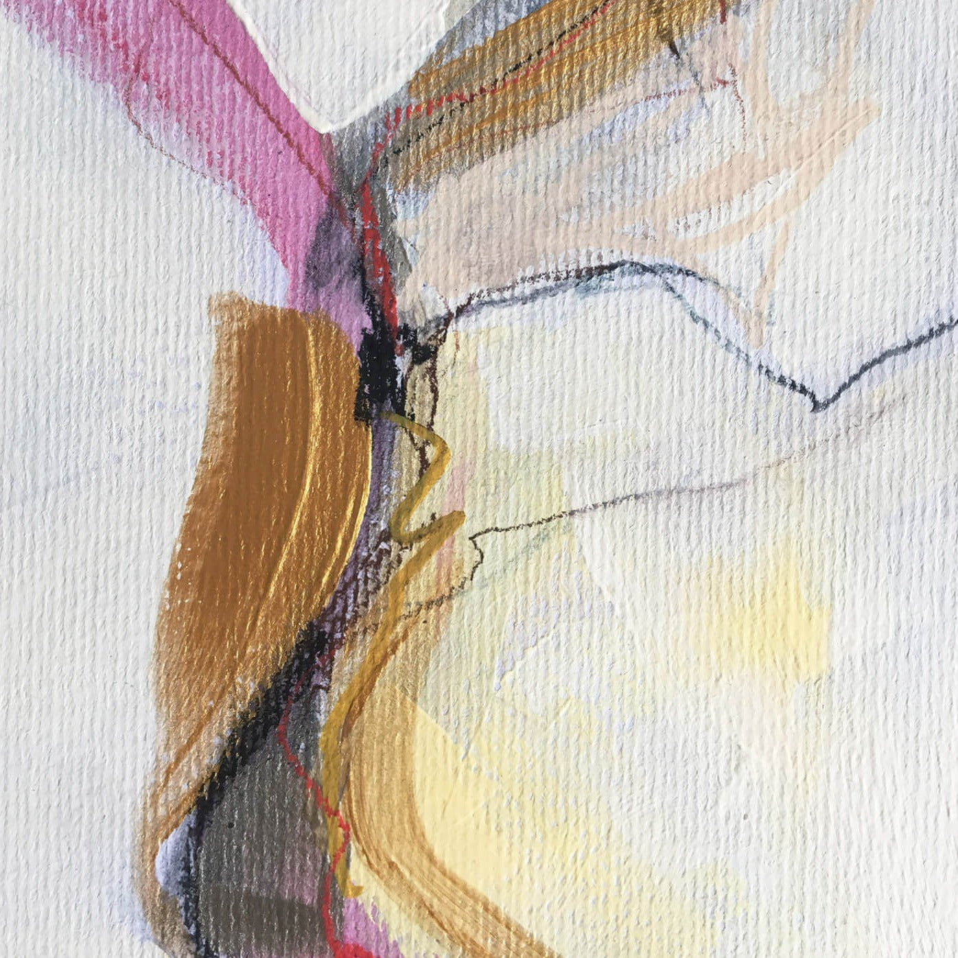 30x30cm 11.8"x11.8" Acrylic | Mixed Media on paper. Contemporary abstract artwork on paper COMPOSITION No.2 by Laura Treimane Saulaja. Intuitive composition in the artist's art practice. One-of-a-kind mixed media artwork in light yellow, white, warm gray, gold, red, and black colors. Detail 1