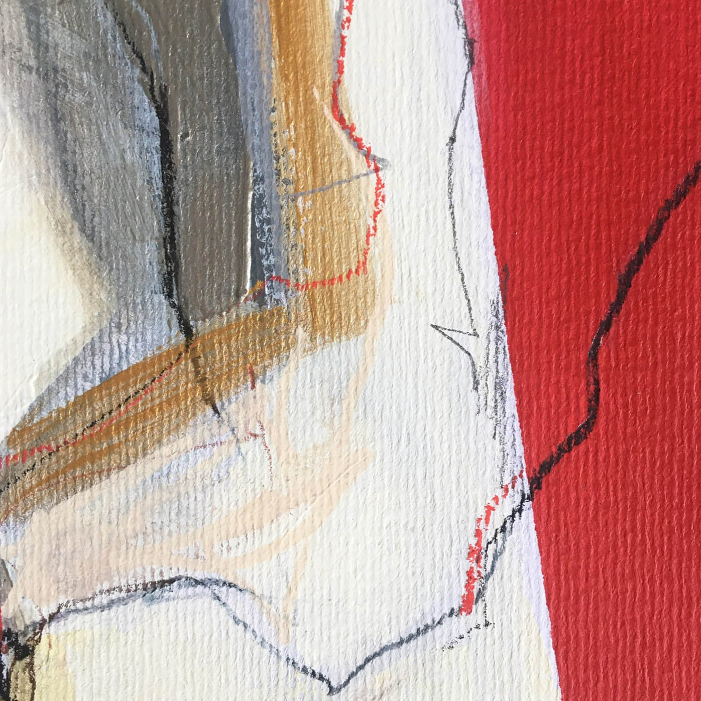 30x30cm 11.8"x11.8" Acrylic | Mixed Media on paper. Contemporary abstract artwork on paper COMPOSITION No.2 by Laura Treimane Saulaja. Intuitive composition in the artist's art practice. One-of-a-kind mixed media artwork in light yellow, white, warm gray, gold, red, and black colors. Detail 3