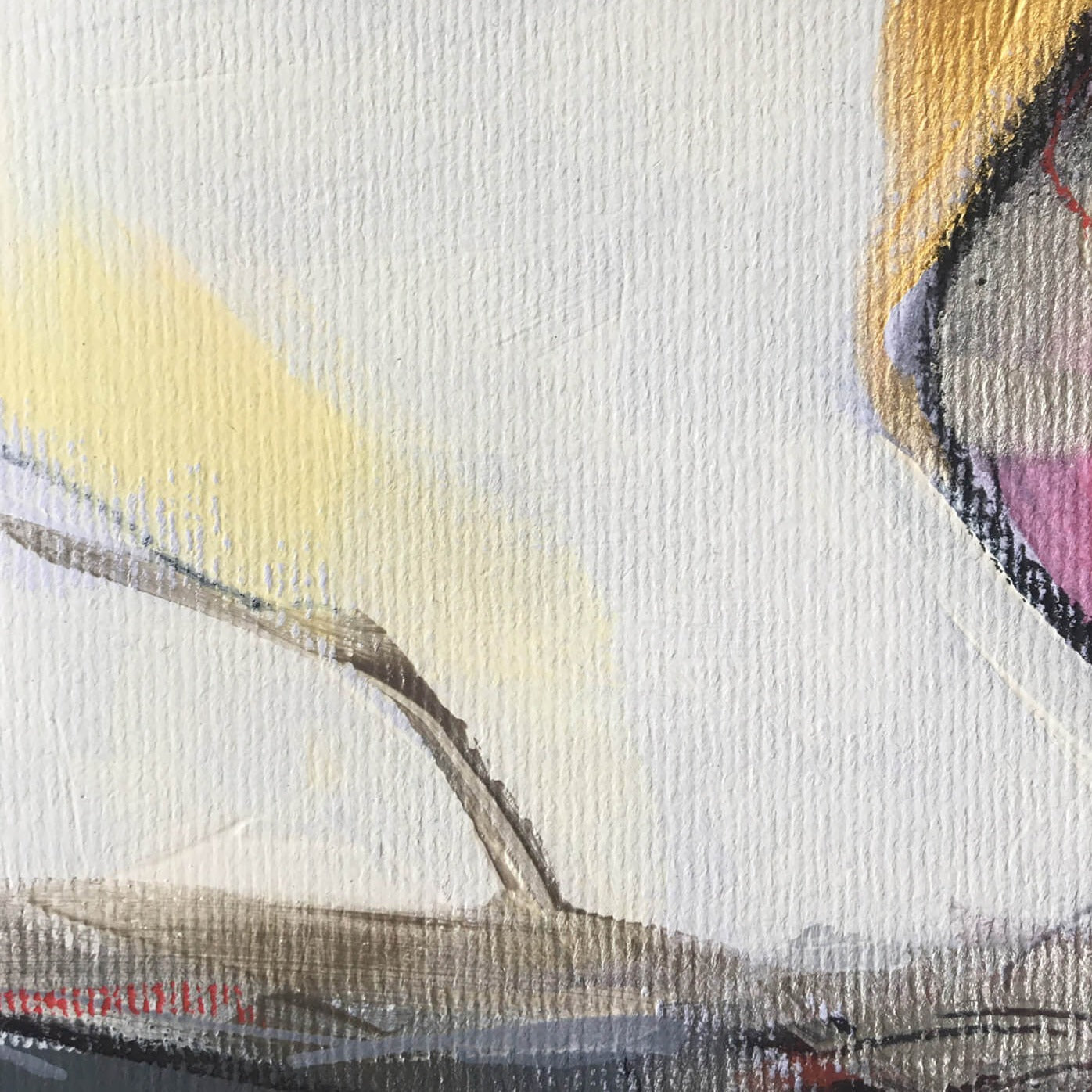 30x30cm 11.8"x11.8" Acrylic | Mixed Media on paper. Contemporary abstract artwork on paper COMPOSITION No.2 by Laura Treimane Saulaja. Intuitive composition in the artist's art practice. One-of-a-kind mixed media artwork in light yellow, white, warm gray, gold, red, and black colors. Detail 2