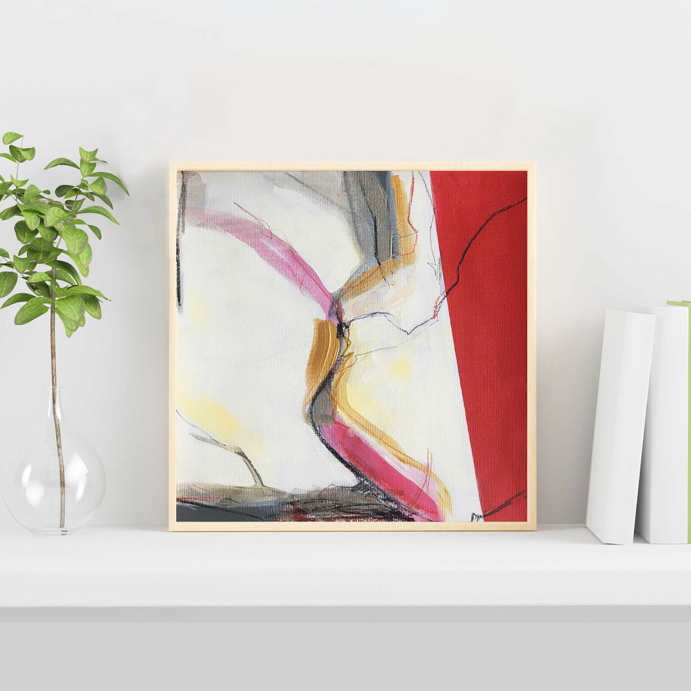 30x30cm 11.8"x11.8" Acrylic | Mixed Media on paper. Contemporary abstract artwork on paper COMPOSITION No.2 by Laura Treimane Saulaja. Intuitive composition in the artist's art practice. One-of-a-kind mixed media artwork in light yellow, white, warm gray, gold, red, and black colors. Mockup by MclittleStock
