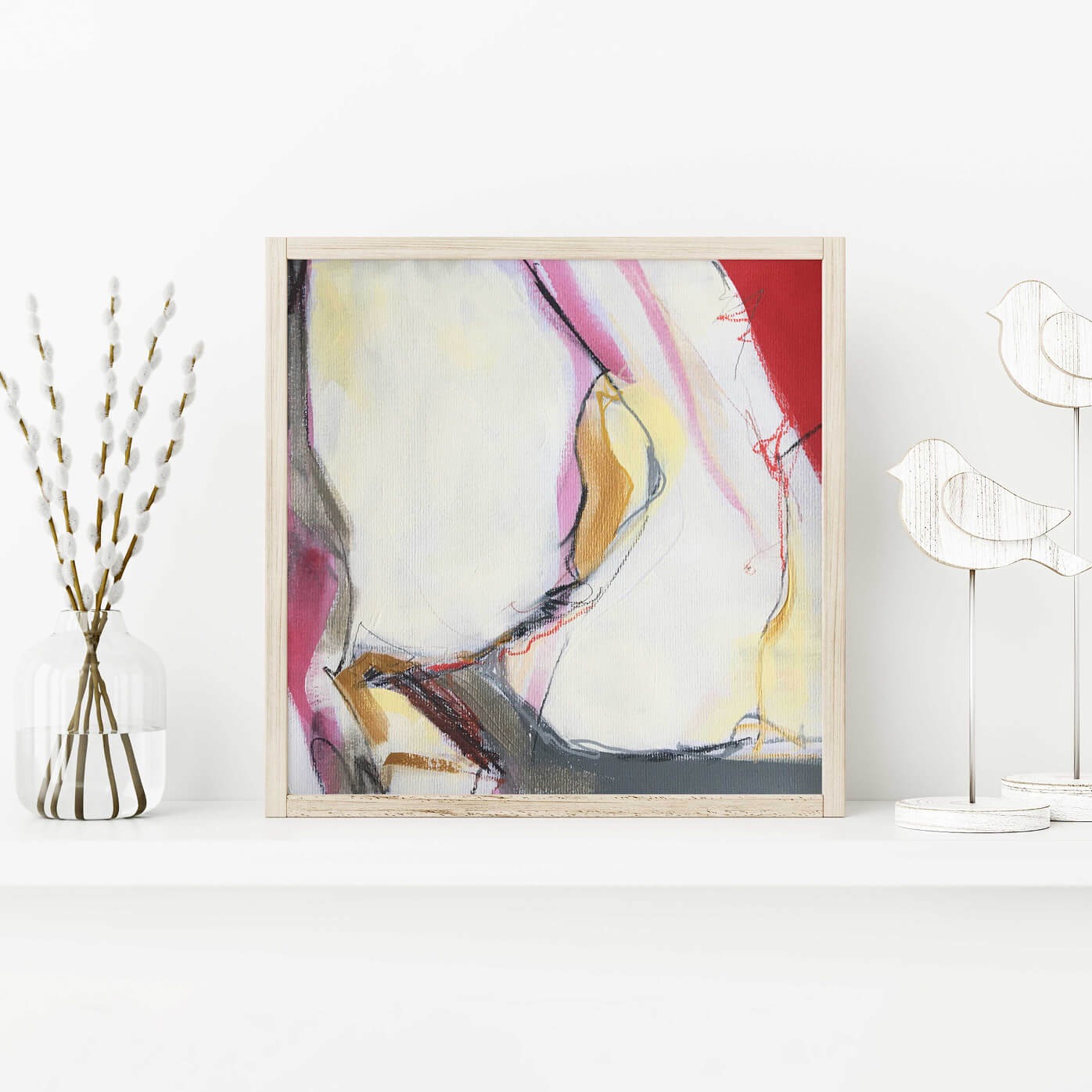30x30cm 11.8"x11.8" Acrylic | Mixed Media on paper. Contemporary abstract artwork on paper COMPOSITION No.3 by Laura Treimane Saulaja. Intuitive composition in the artist's art practice. One-of-a-kind mixed media artwork in light yellow, white, warm gray, silver, gold, red, and black colors. Mockup photo by marina_dikh